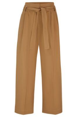 tapered-fit wide-leg trousers with fabric belt- beige women's formal pants