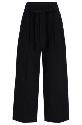 tapered-fit wide-leg trousers with fabric belt- black women's formal pants