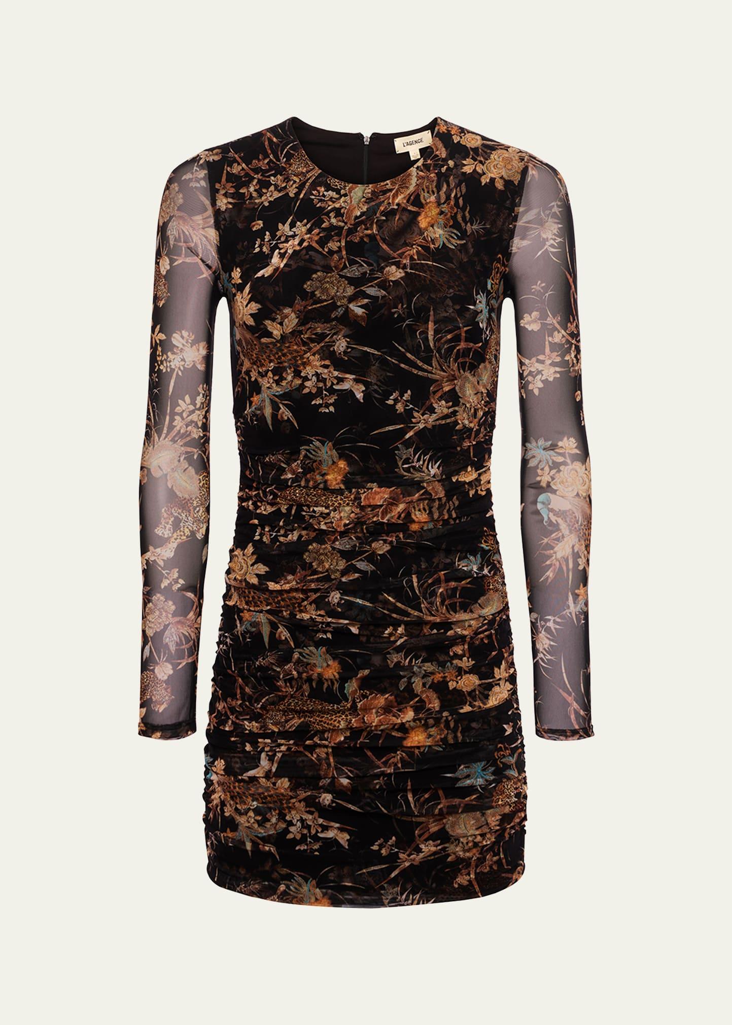 tapestry jungle sunny ruched mesh mini dress