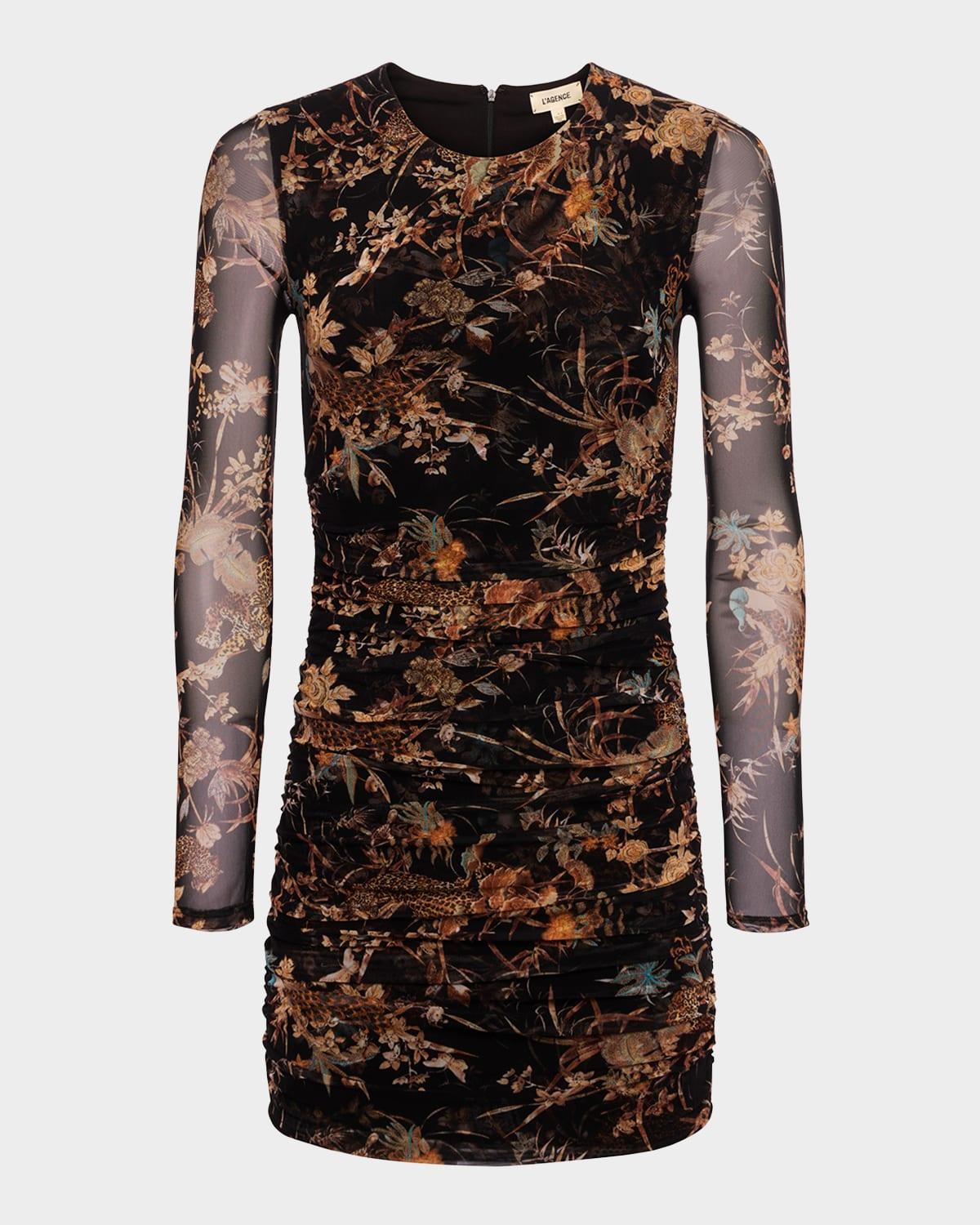 tapestry jungle sunny ruched mesh mini dress