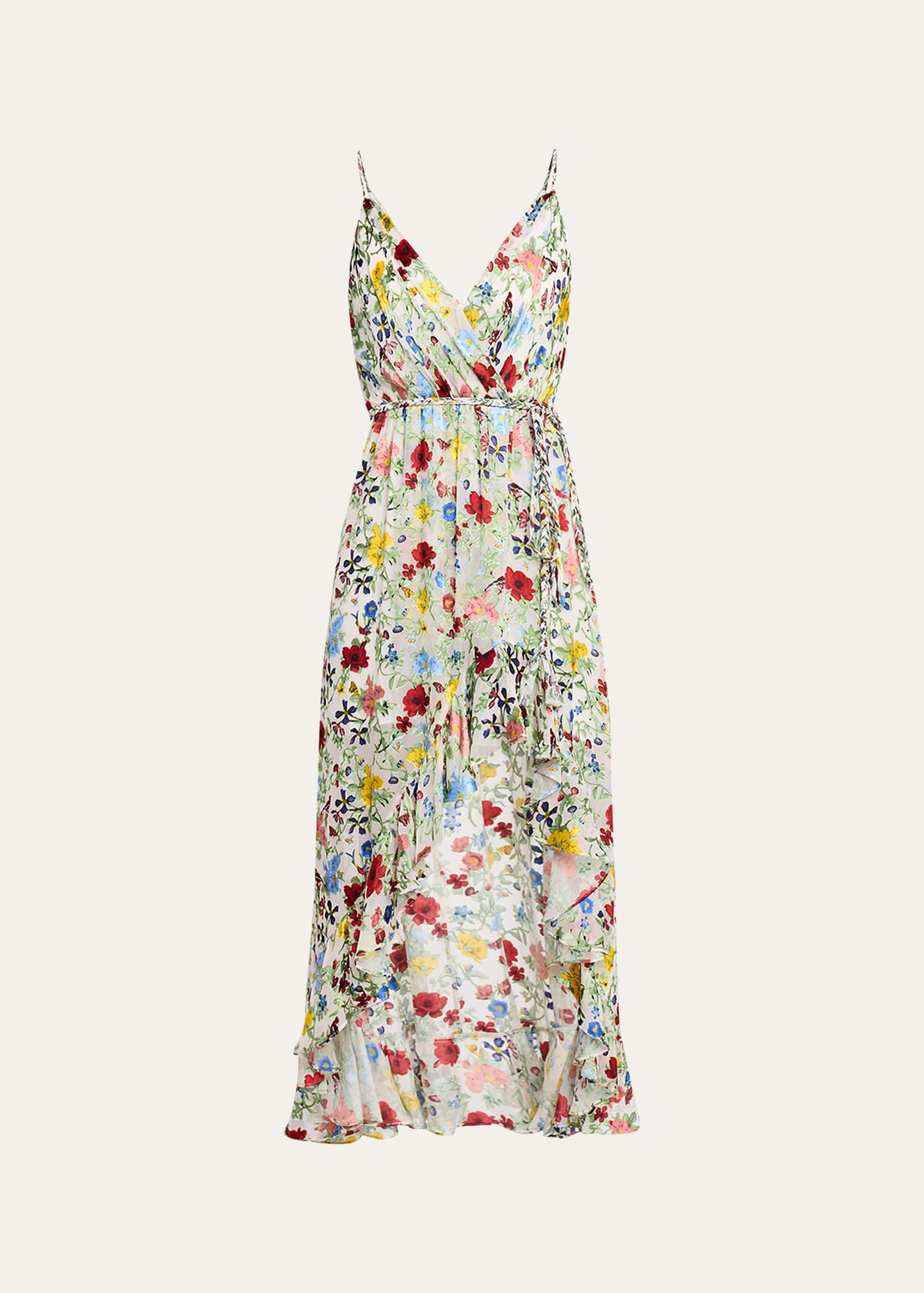 tara floral cascading ruffle midi dress