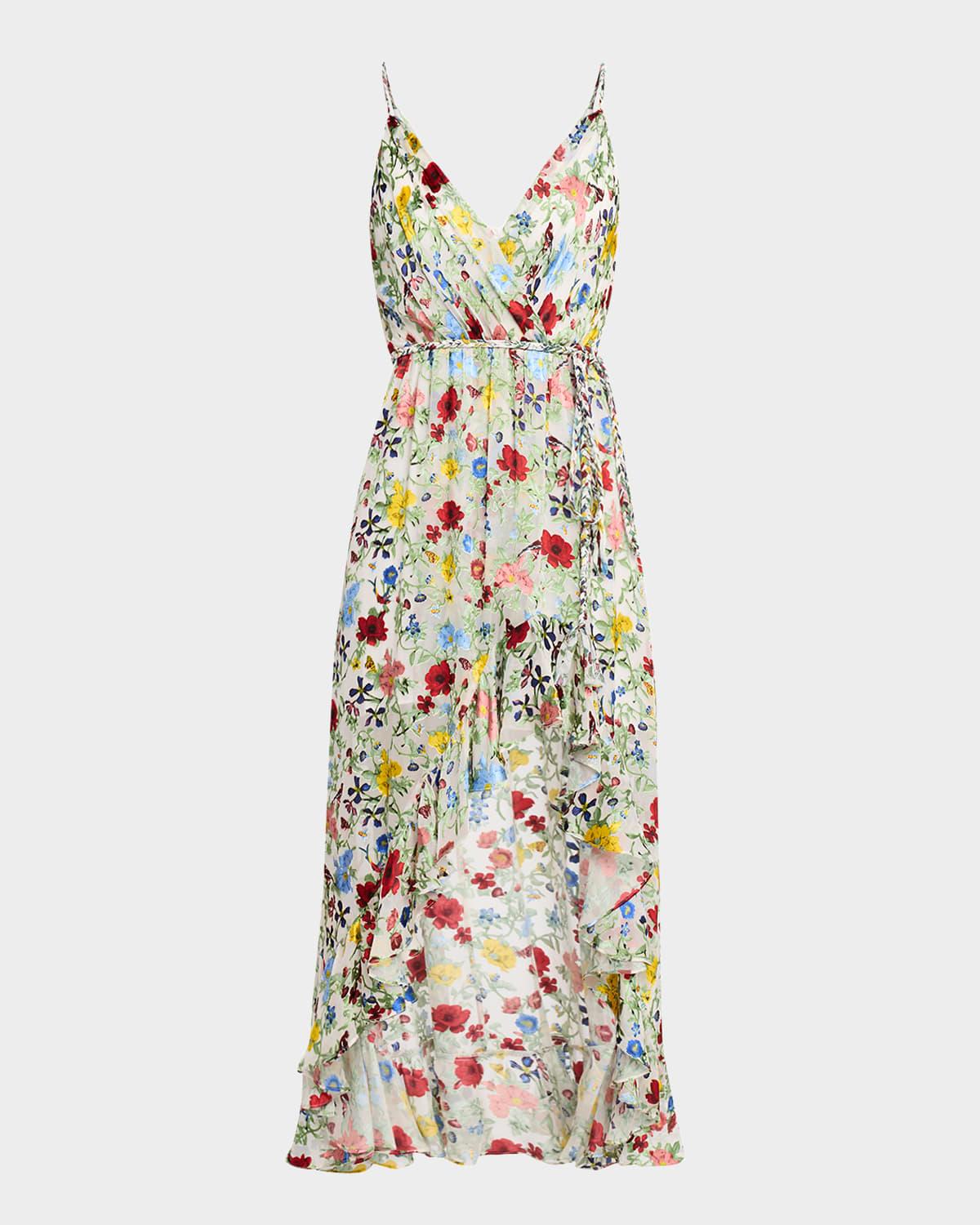 tara floral cascading ruffle midi dress