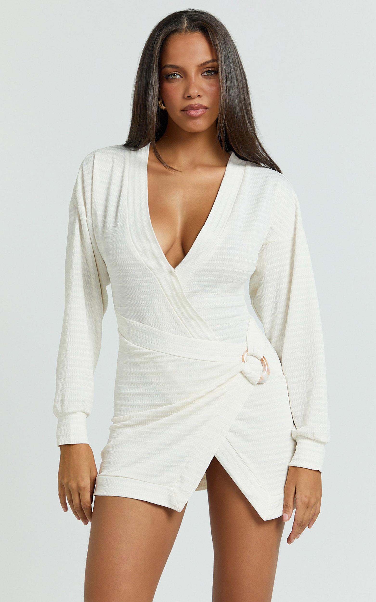 tarah mini dress - wrap front twist trim knit dress in ivory