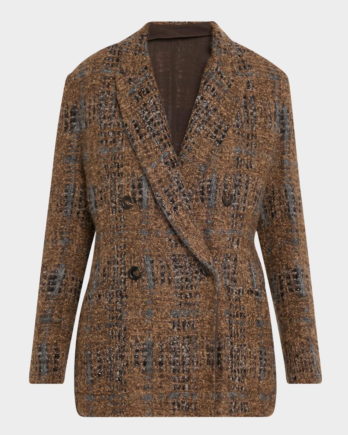 tartan organza paillette knit double-breasted blazer