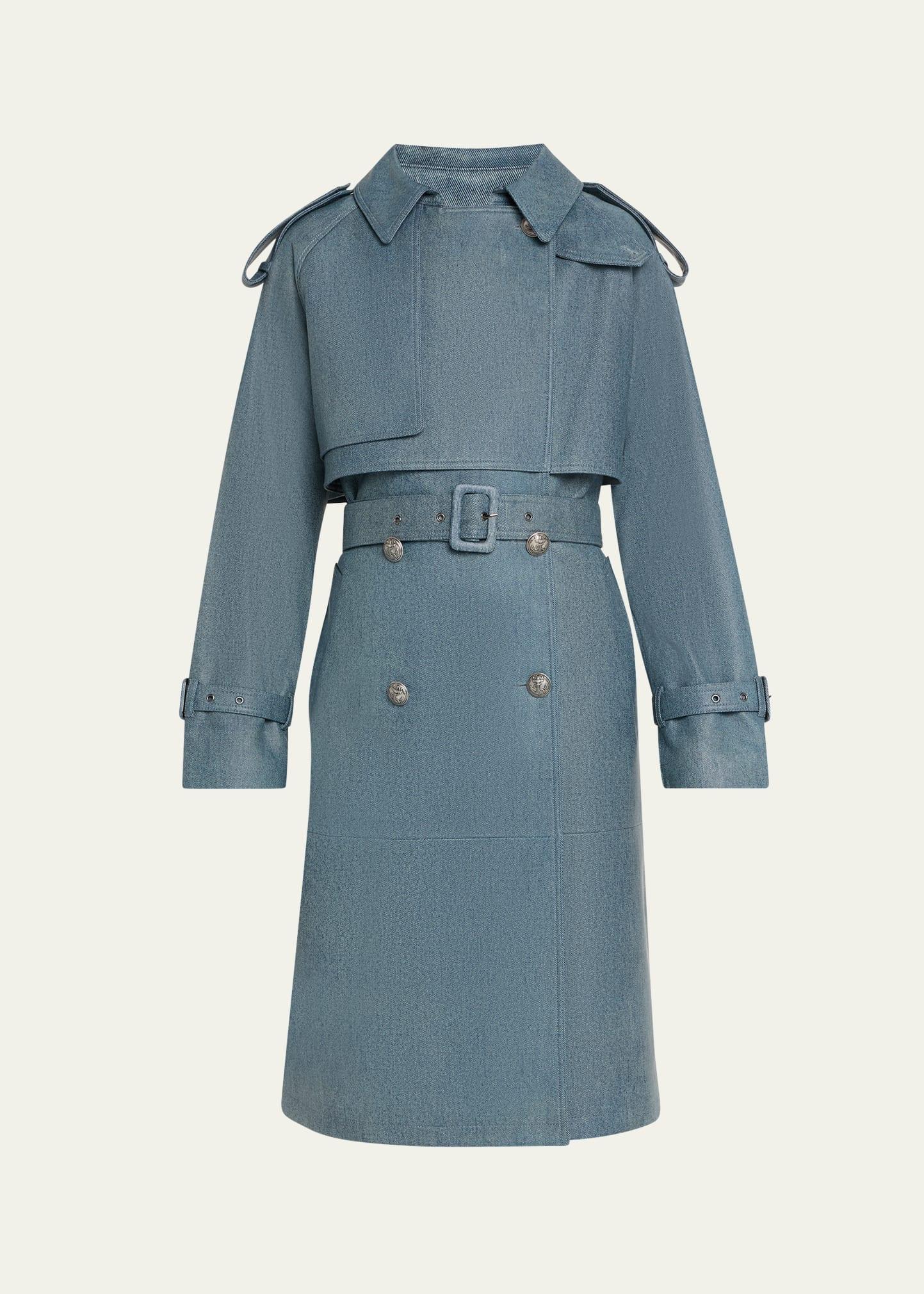 tash denim-print leather trench coat