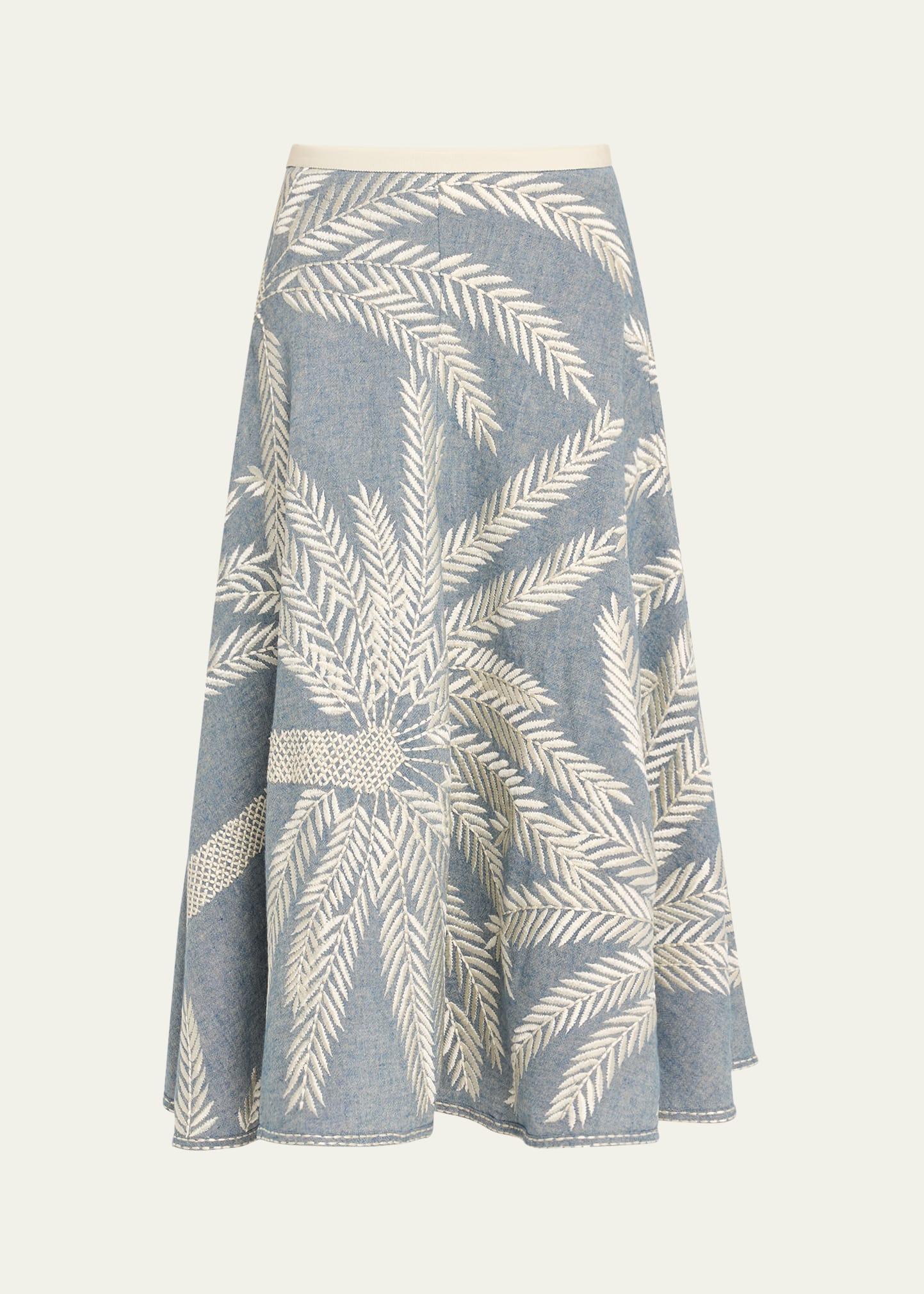tasha 3 palm embroidered midi skirt