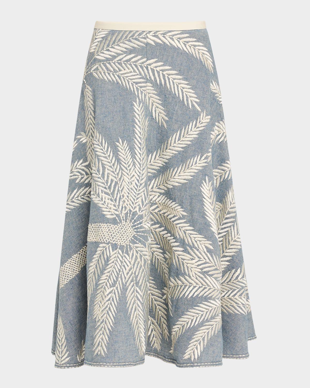 tasha 3 palm embroidered midi skirt