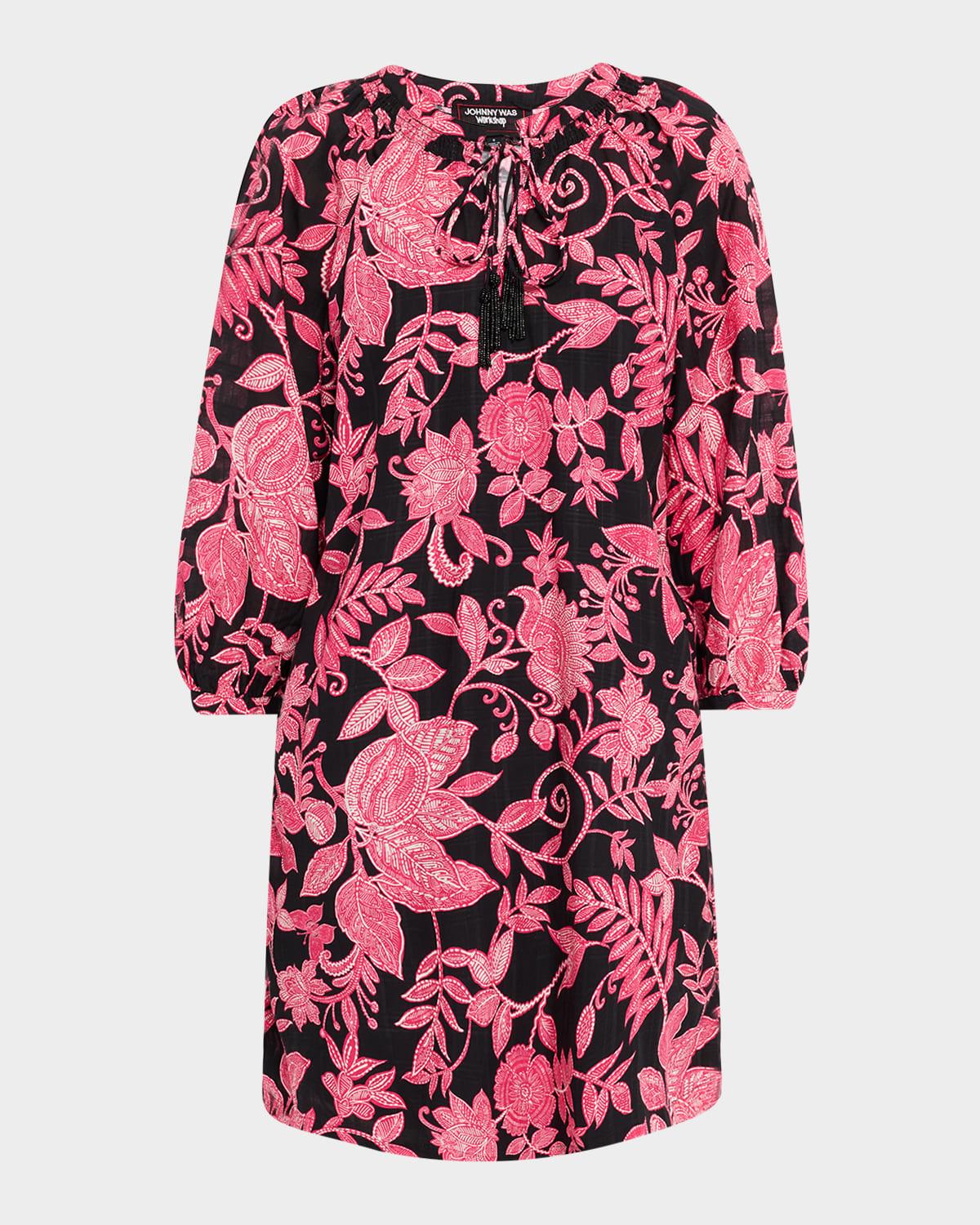 tasseled floral-print mini shift dress