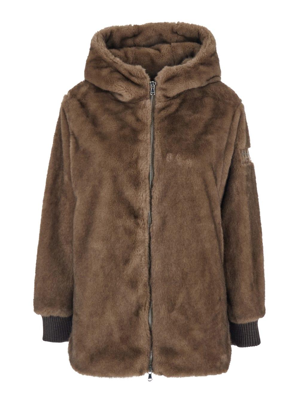 tatras arabis brown jacket with fixed hood and logo patch on the sleeve in faux fur woman