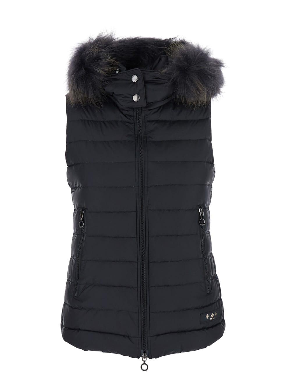 tatras black sleeveless vest with fur hood in tech fabric woman