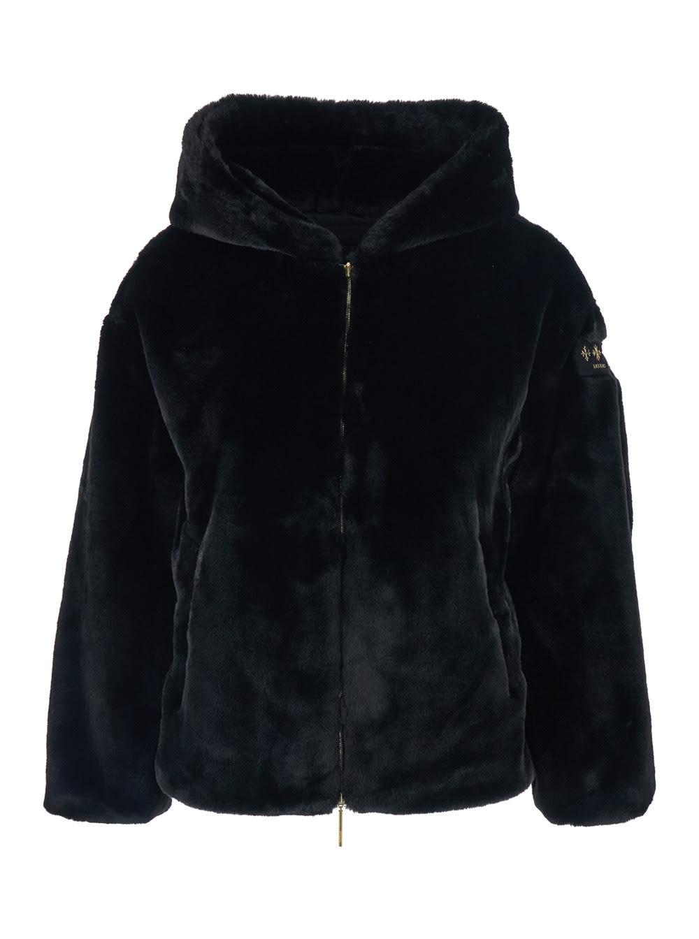 tatras yumola black jacket with drawstring hood and logo patch on the sleeve in ecofur woman