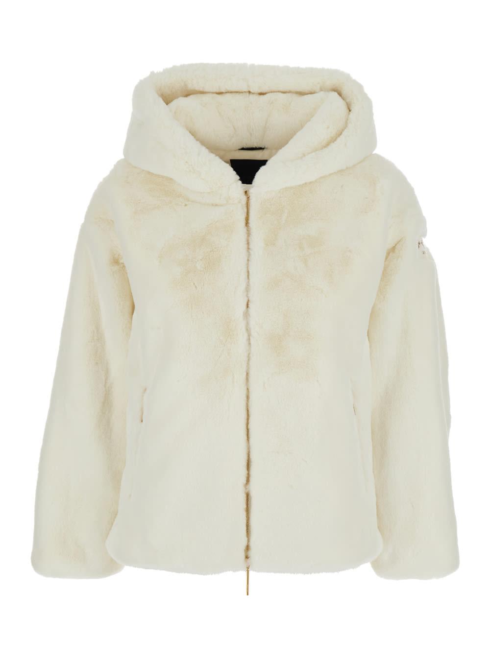 tatras yumola white jacket with drawstring hood and logo patch on the sleeve in ecofur woman