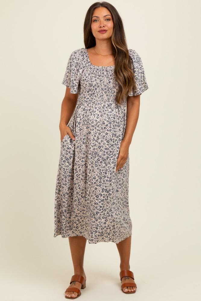 taupe/black printed maternity dress with pockets