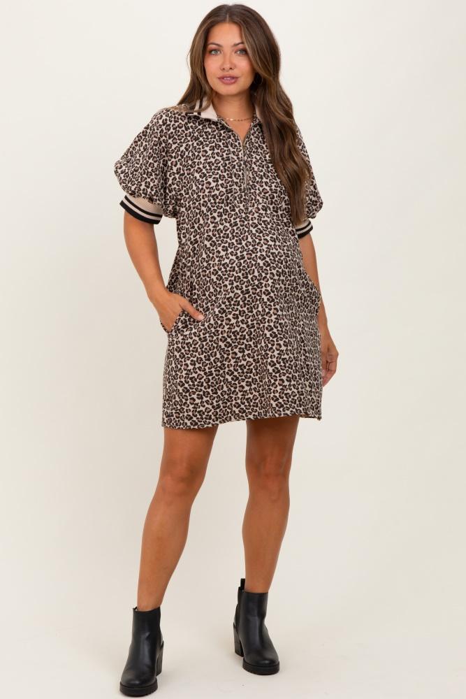 taupe animal print quarter zip puff sleeve maternity mini dress