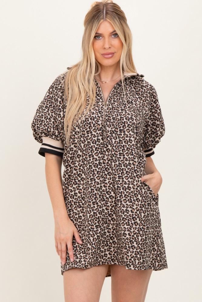 taupe animal print quarter zip puff sleeve mini dress