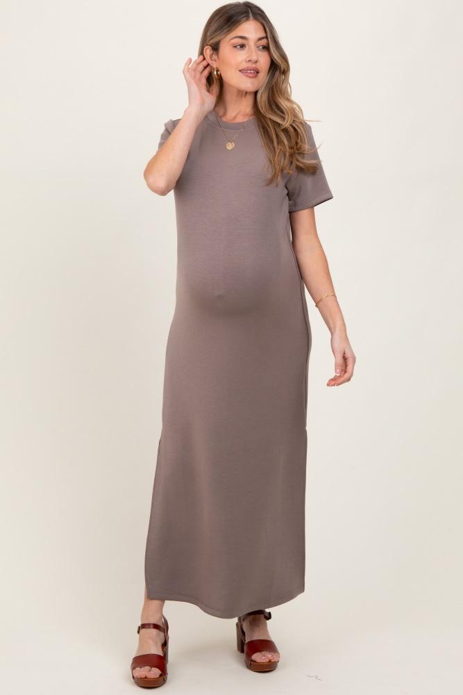 taupe basic side slit short sleeve maternity midi dress