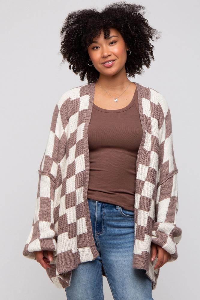 taupe checkered print oversized cardigan