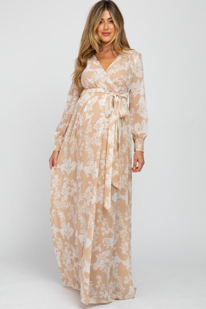 taupe floral chiffon maternity maxi dress