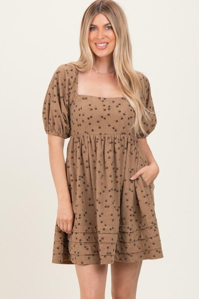 taupe floral corduroy puff sleeve babydoll mini dress