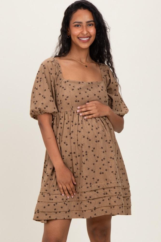 taupe floral corduroy puff sleeve babydoll mini maternity dress
