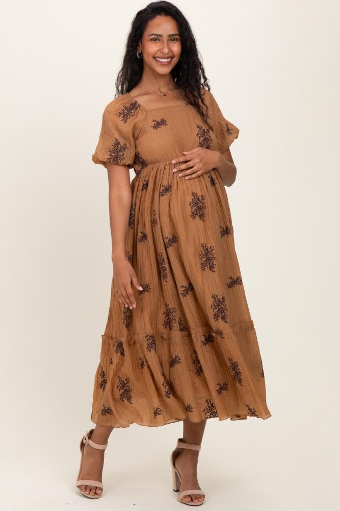 taupe floral embroidered puff sleeve maternity midi dress