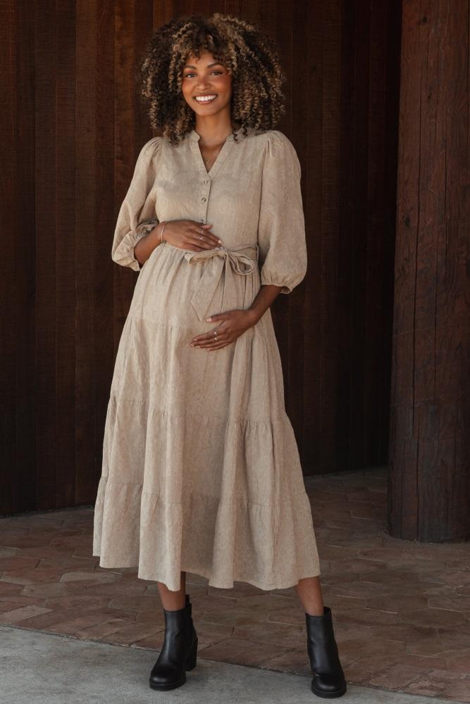 taupe floral jacquard button front tiered maternity dress
