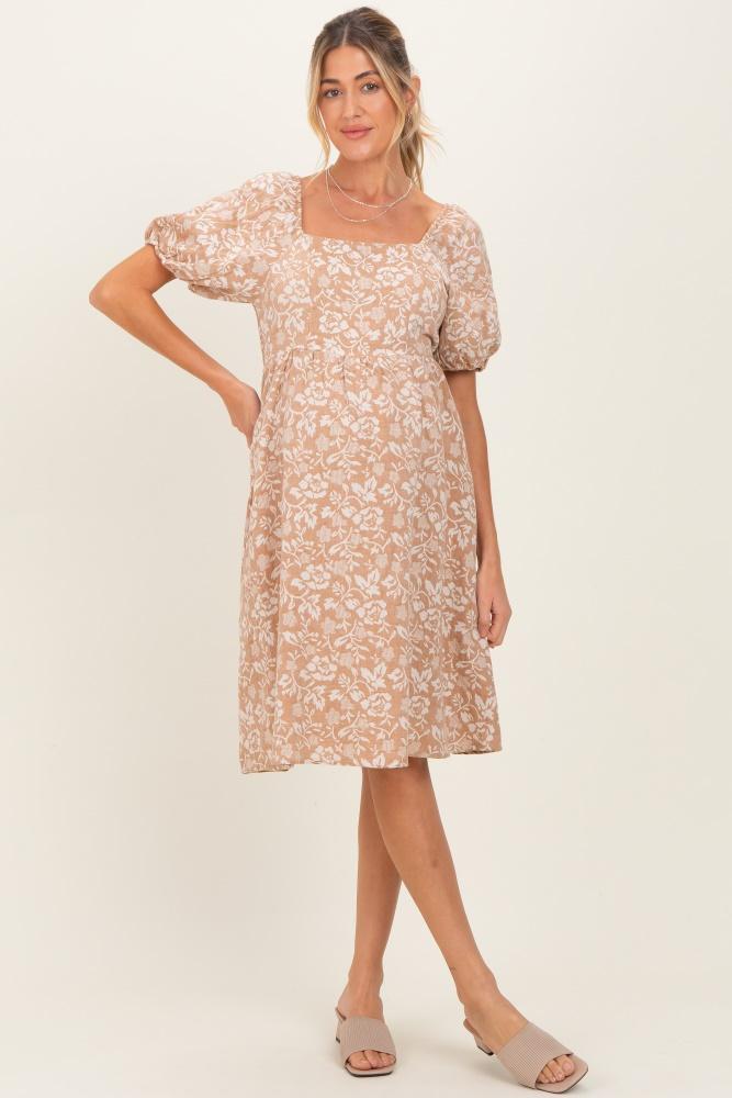 taupe floral jacquard square neck maternity dress