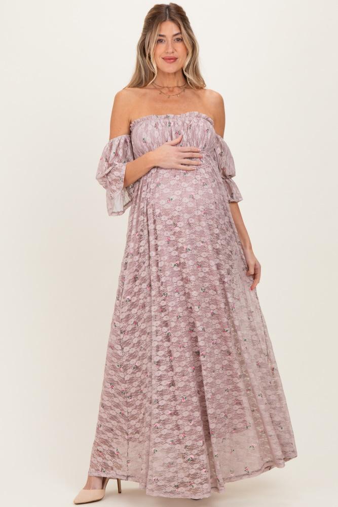 taupe floral lace off shoulder ruffe sleeve maternity maxi dress
