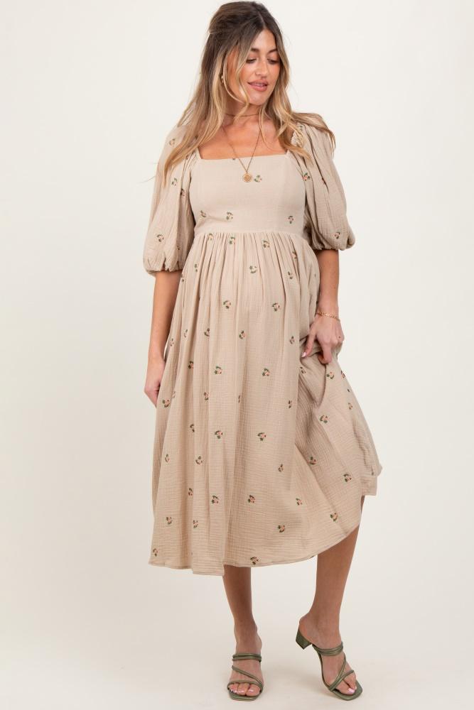 taupe floral maternity midi dress