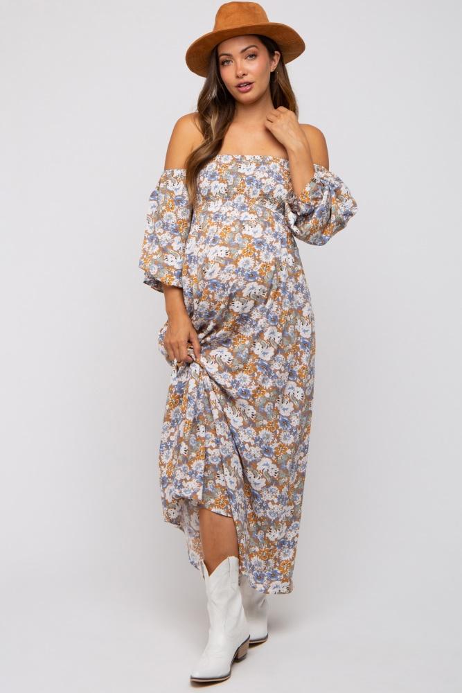 taupe floral print off shoulder smocked maternity maxi dress