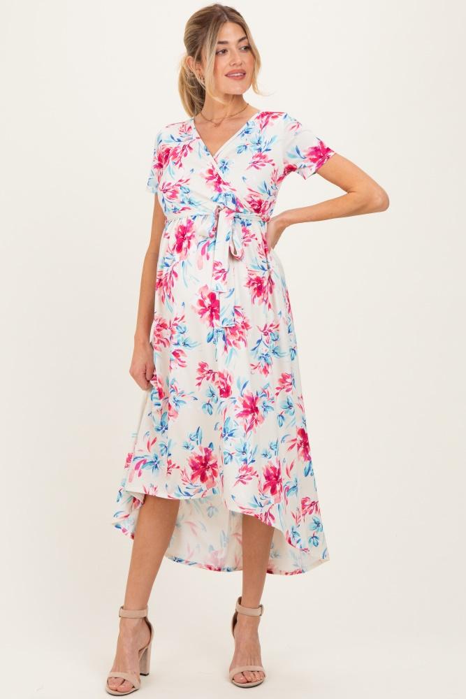 taupe floral print short sleeve hi-low maternity wrap dress