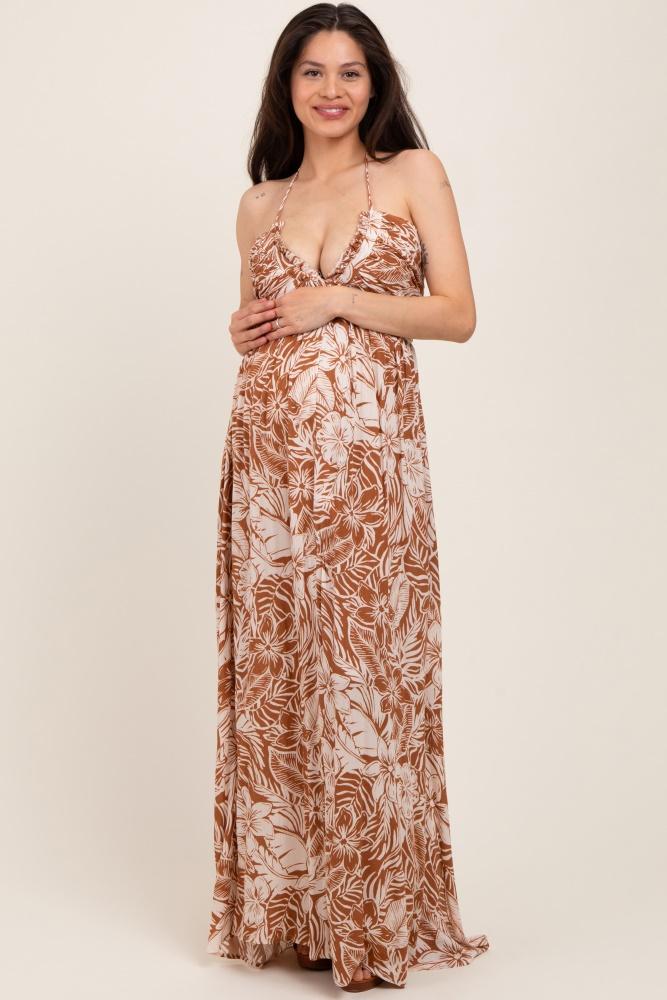 taupe floral ruched v-neck halter maternity maxi dress