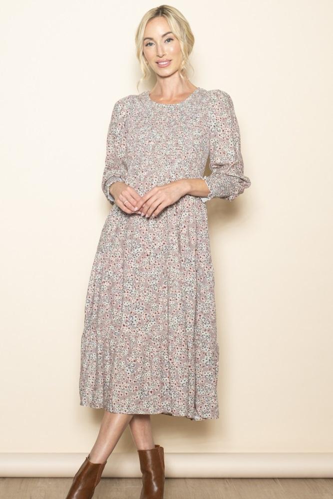taupe floral smocked bubble sleeve midi dress