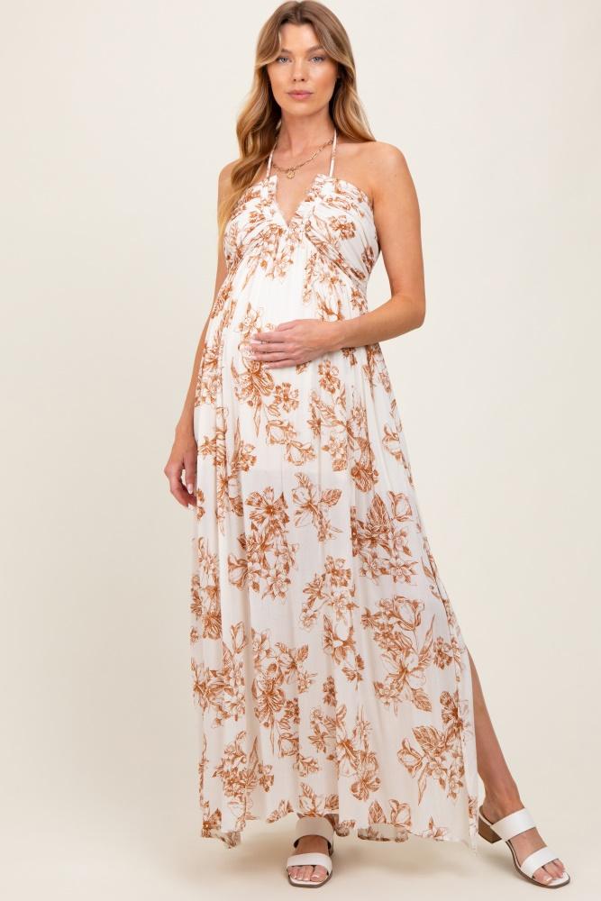 taupe floral tie-back halter maternity maxi dress