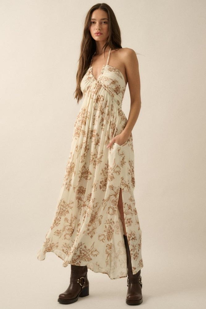 taupe floral tie-back halter maxi dress