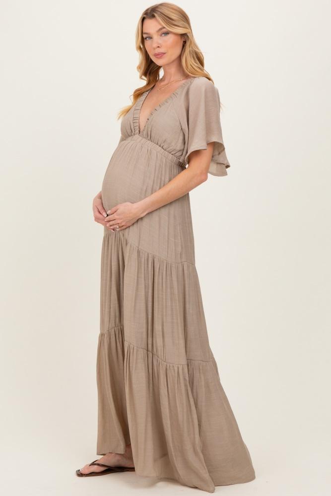 taupe flutter sleeve maternity maxi dress