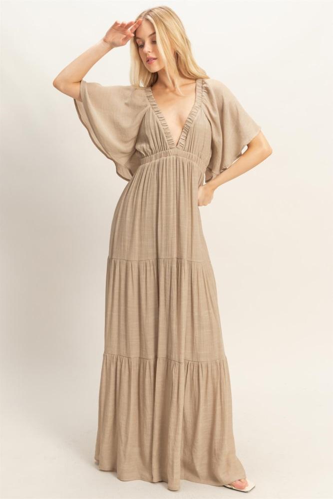 taupe flutter sleeve maxi dress