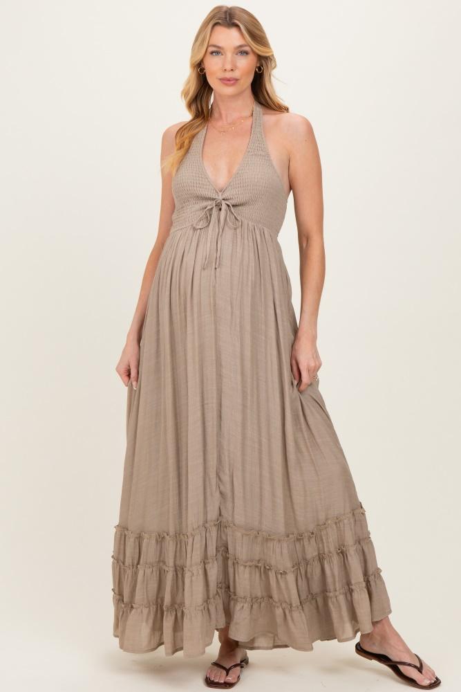 taupe halter neck smocked maternity maxi dress