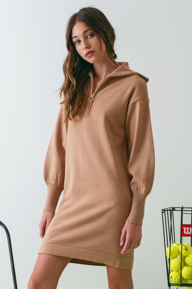 taupe knit half zip mini dress
