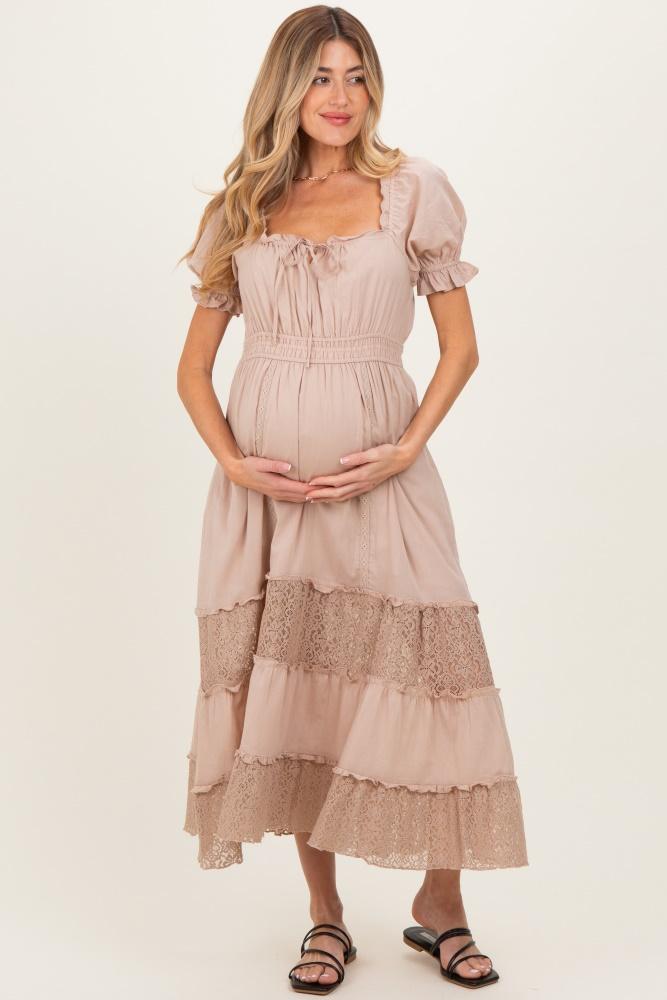 taupe lace contrast paneled maternity maxi dress
