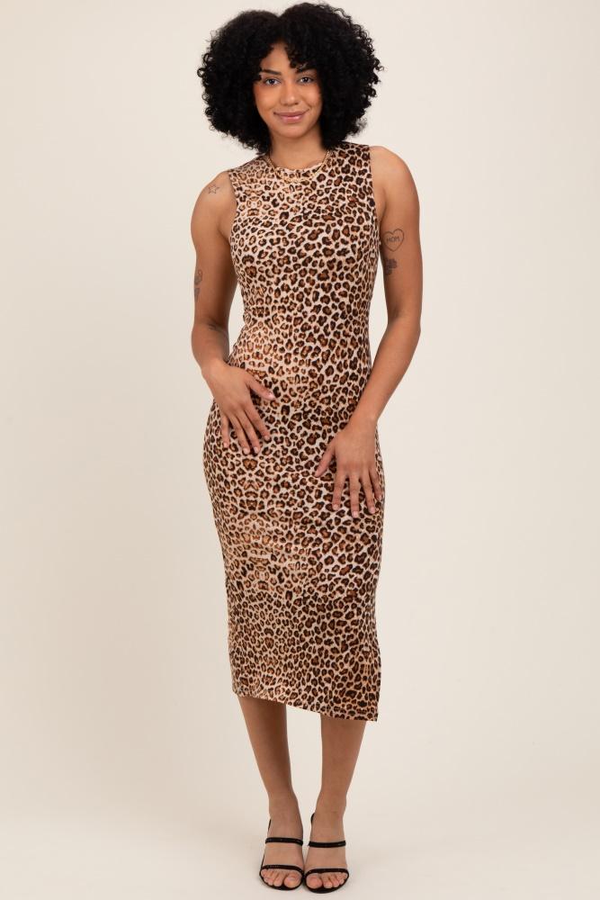 taupe leopard knit side slit midi dress
