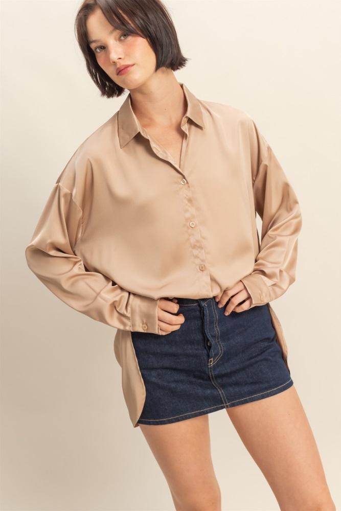 taupe long sleeve oversized satin maternity shirt