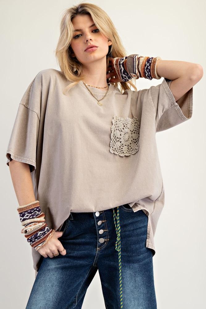 taupe mineral wash crochet pocket top