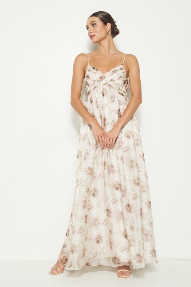 taupe multi floral print sleeveless maxi dress