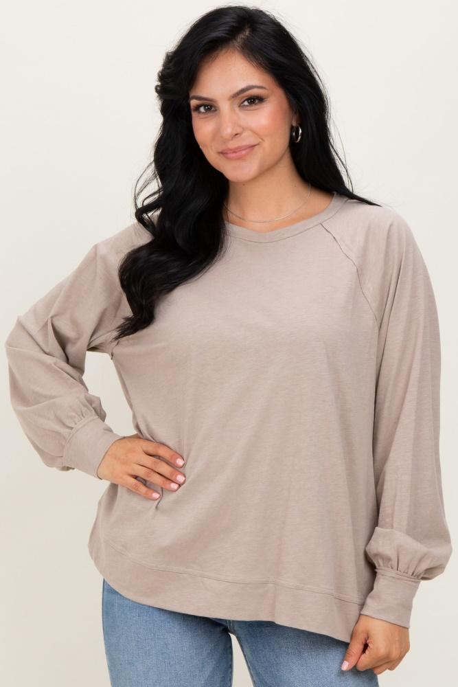 taupe oversized cotton slub long sleeve top