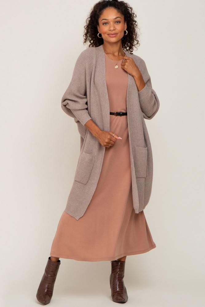 taupe pocketed knit cardigan