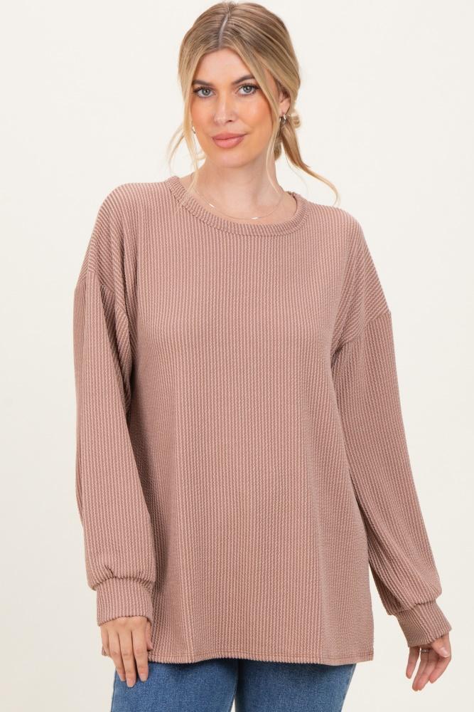 taupe puff sleeve solid ribbed top