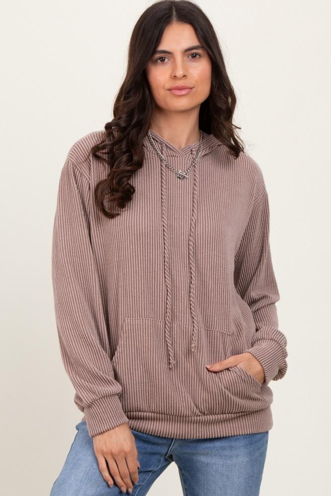 taupe ribbed basic drawstring hoodie