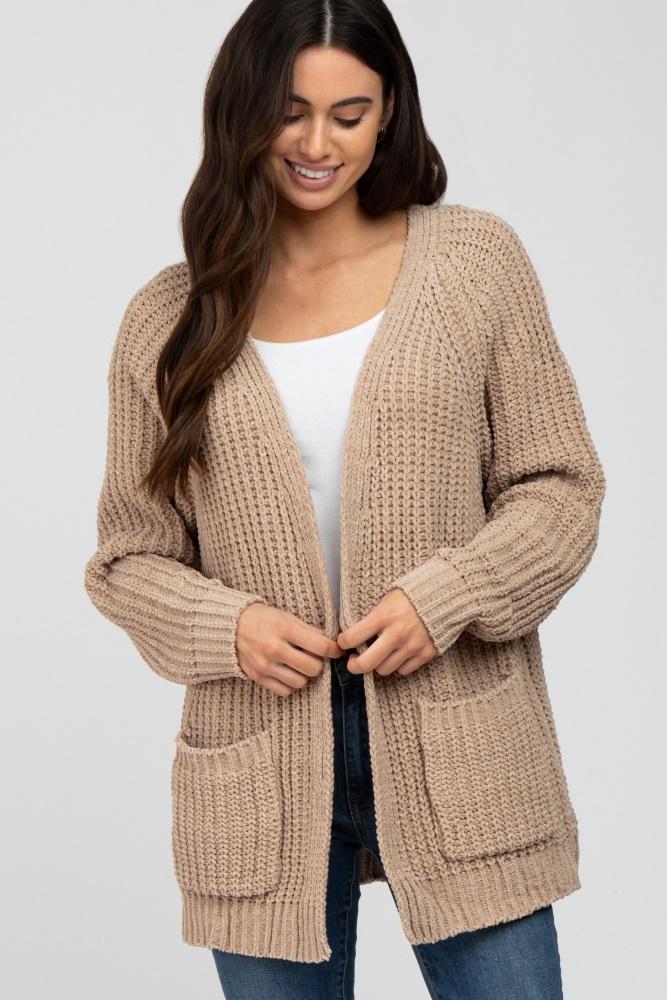 taupe ribbed cable knit cardigan