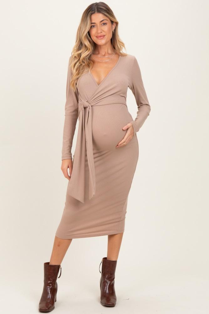 taupe ribbed long sleeve maternity wrap dress